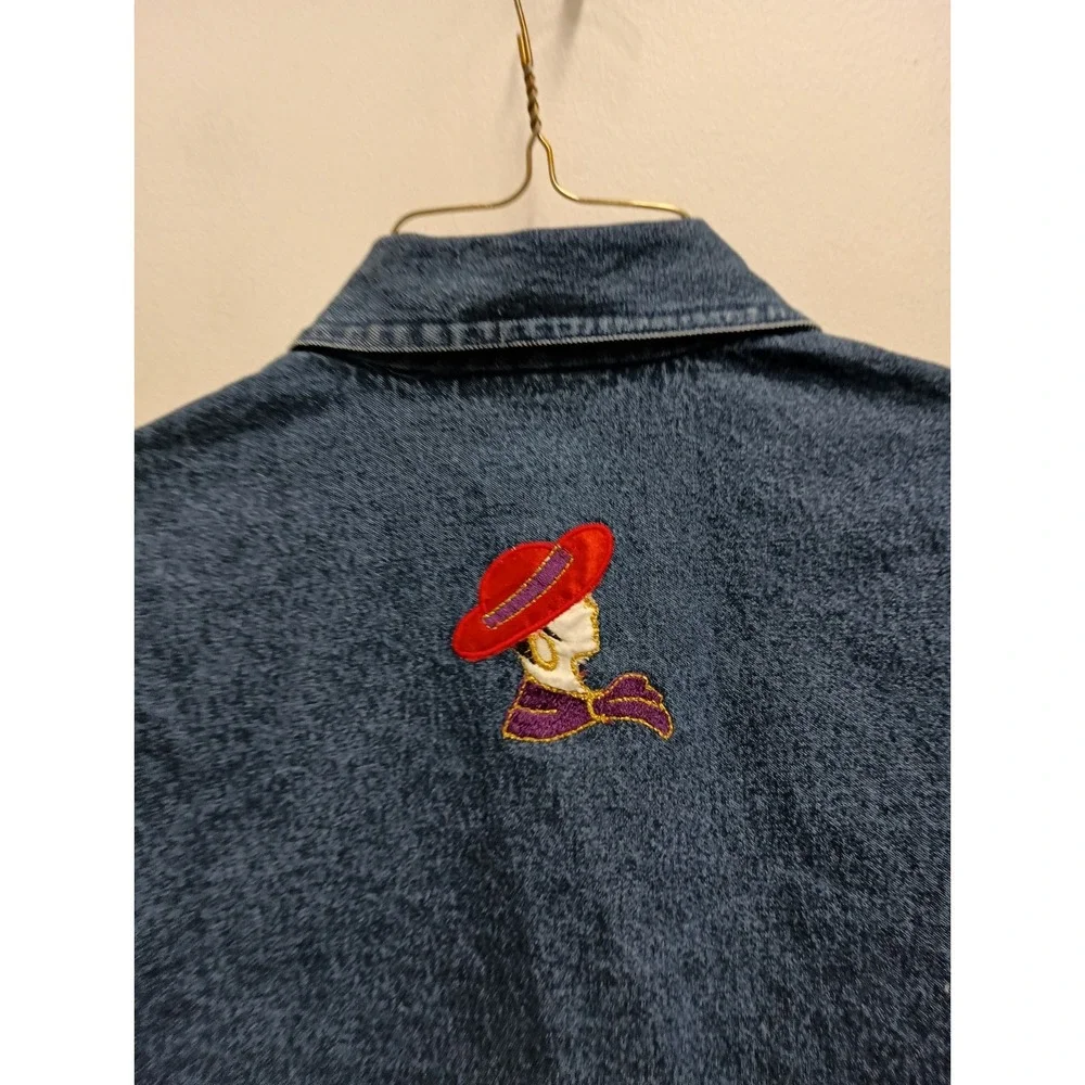 VTG 90s Keren Hart  Denim Jacket Womens Medium Blue Red Hat Embroidered Artsy